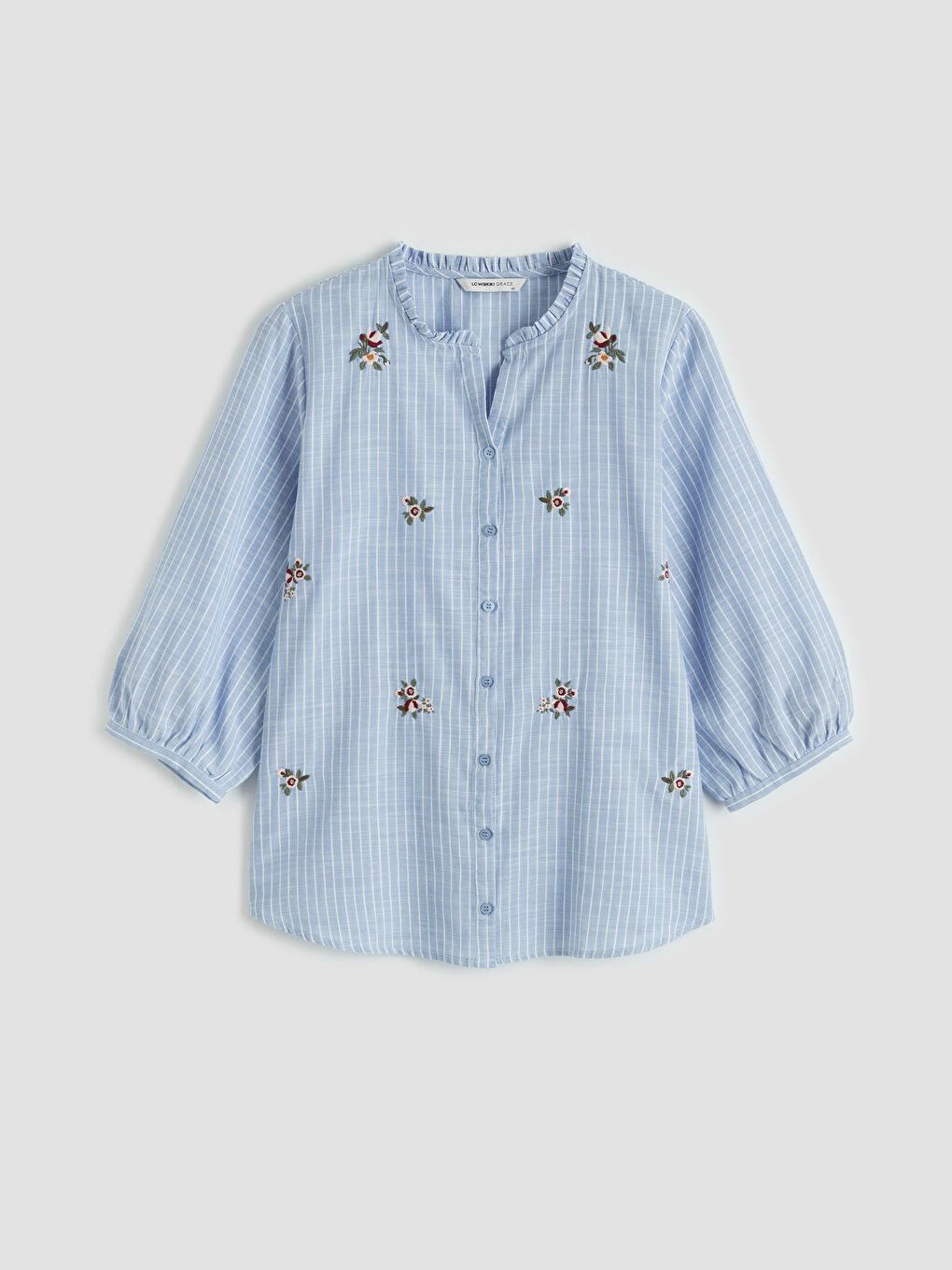 Mavi Fırfırlı Kaçık Yaka Çizgili Kadın Gömlek