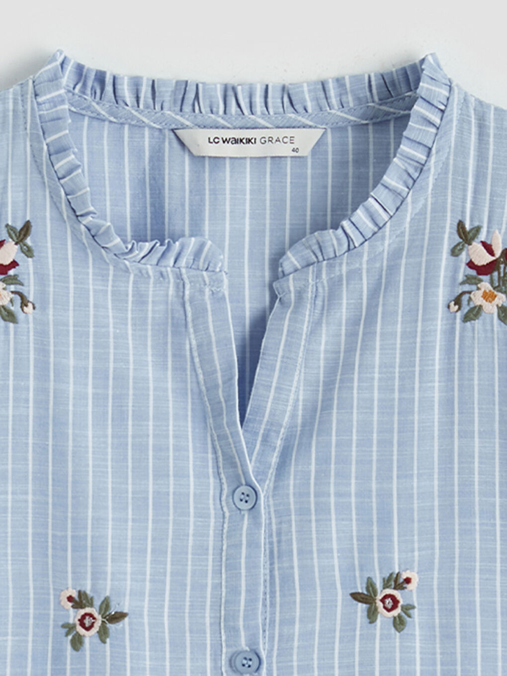 Mavi Fırfırlı Kaçık Yaka Çizgili Kadın Gömlek-2