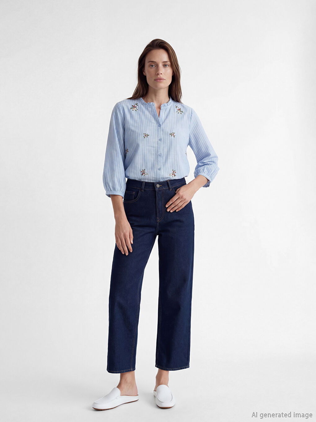 Mavi Fırfırlı Kaçık Yaka Çizgili Kadın Gömlek-1