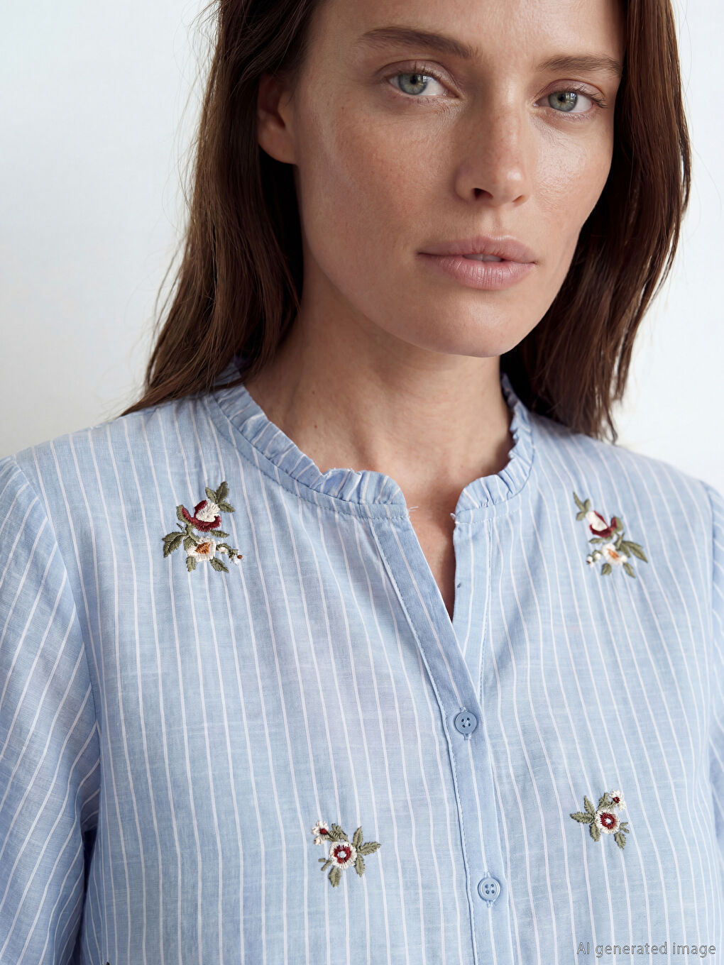 Mavi Fırfırlı Kaçık Yaka Çizgili Kadın Gömlek-2