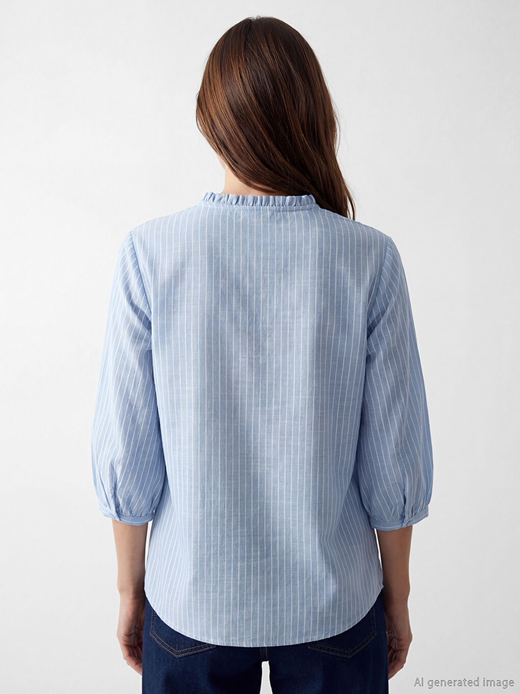 Mavi Fırfırlı Kaçık Yaka Çizgili Kadın Gömlek-3