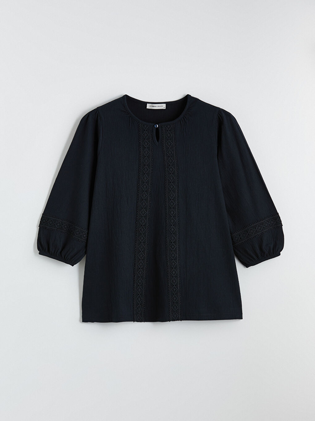 Lacivert Bisiklet Yaka Nakışlı Bluz-4