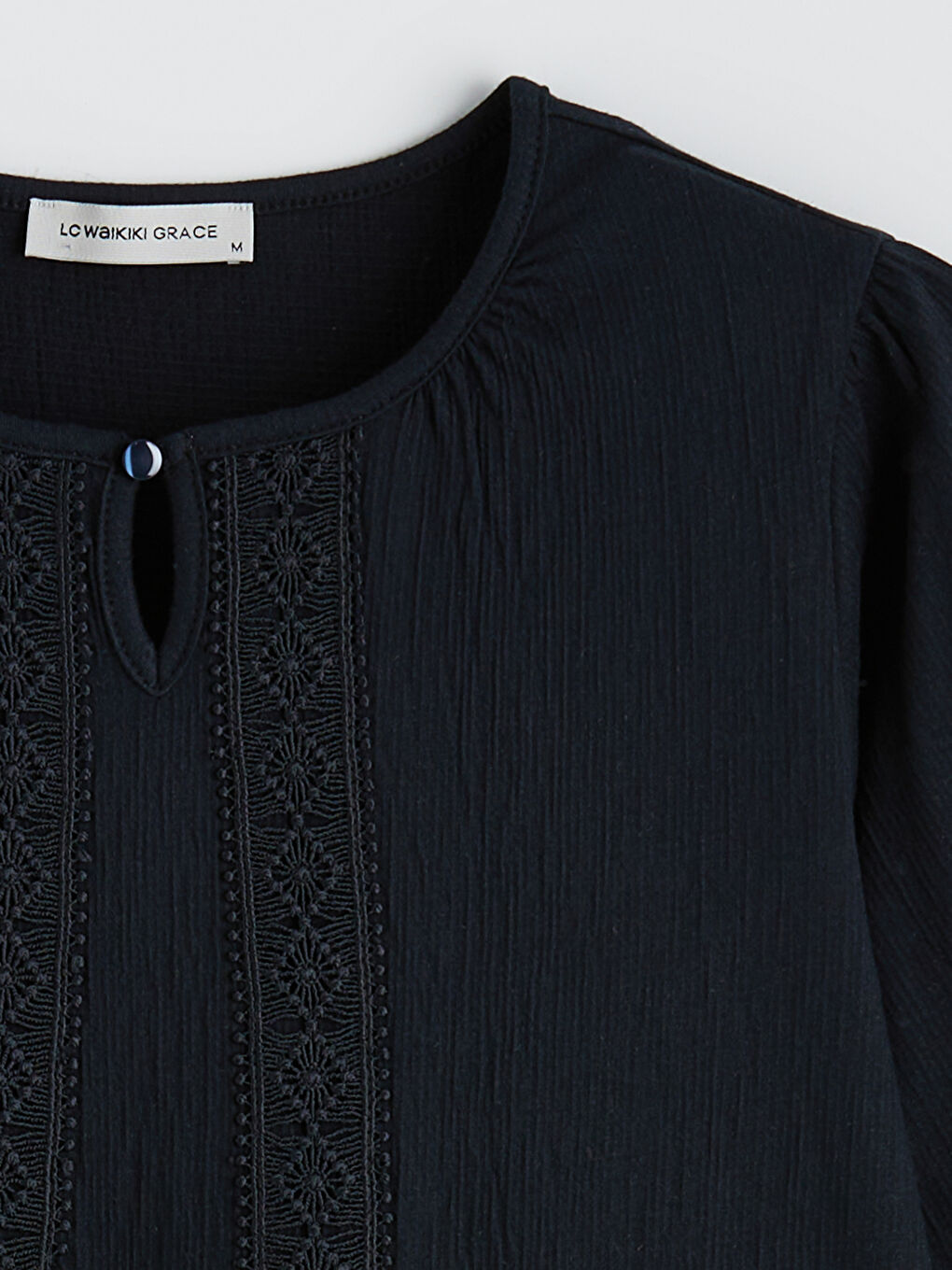 Lacivert Bisiklet Yaka Nakışlı Bluz-5