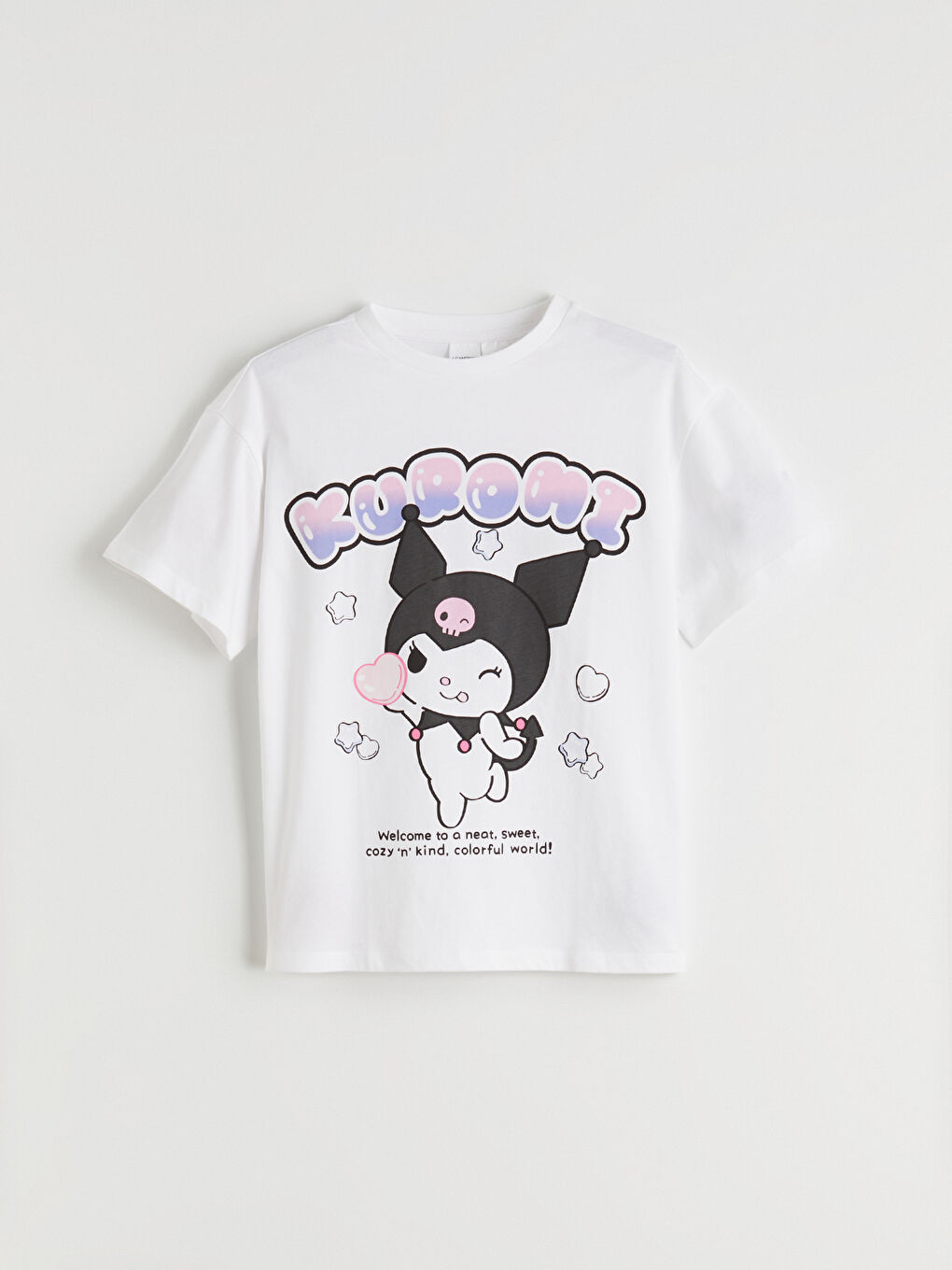Beyaz Bisiklet Yaka Kuromi Baskılı Kız Çocuk Tişört