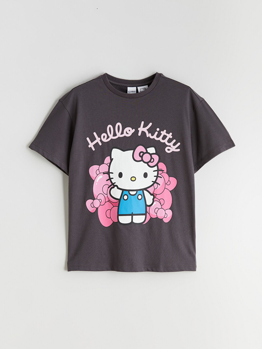 Gri Bisiklet Yaka Hello Kitty Baskılı Kız Çocuk Tişört