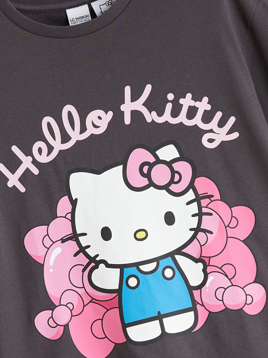 Gri Bisiklet Yaka Hello Kitty Baskılı Kız Çocuk Tişört-1