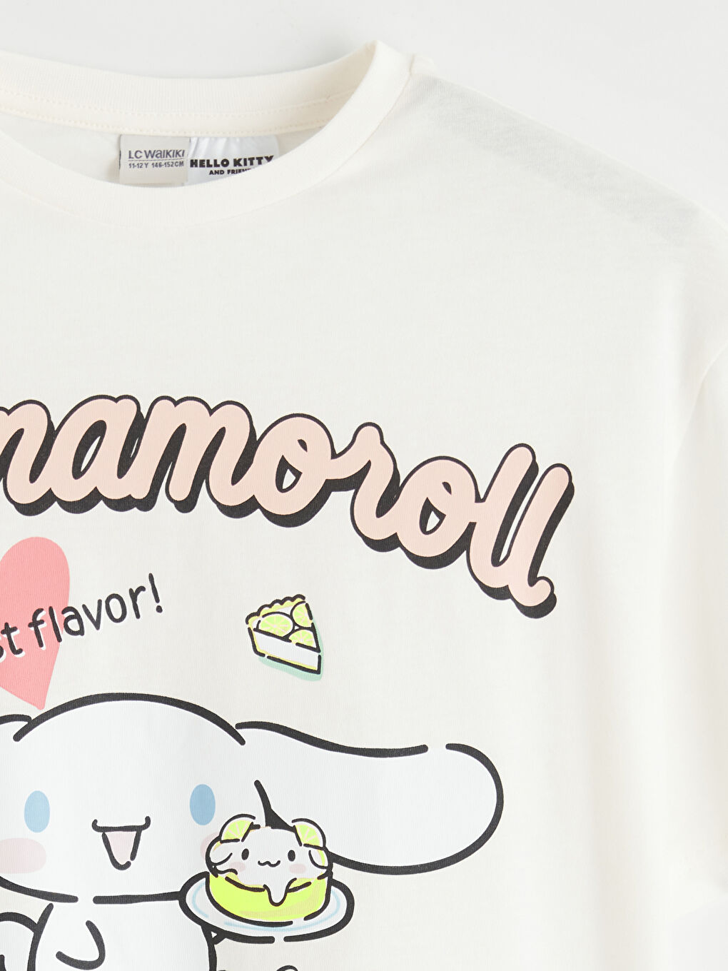 Ekru Bisiklet Yaka Cinnamoroll Baskılı Kız Çocuk Tişört-1