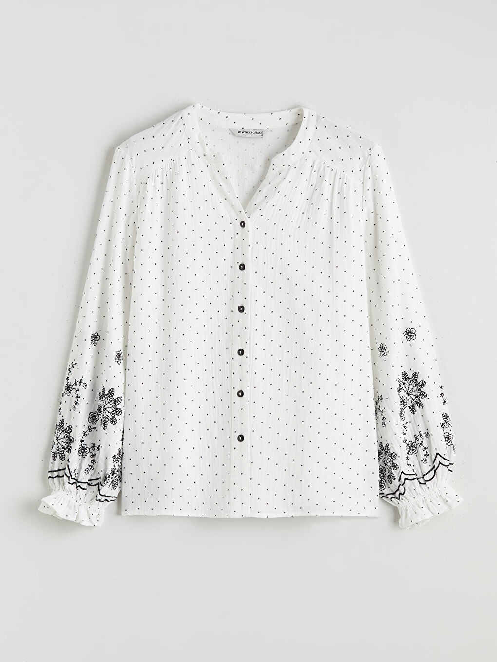 Блуза от муселин на точки с деколте с прорез-4