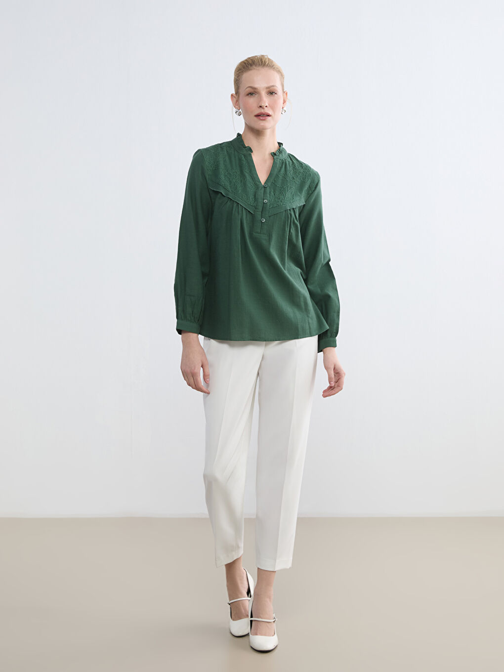 Notch Neck Embroidered Ruched Oversize Blouse-1
