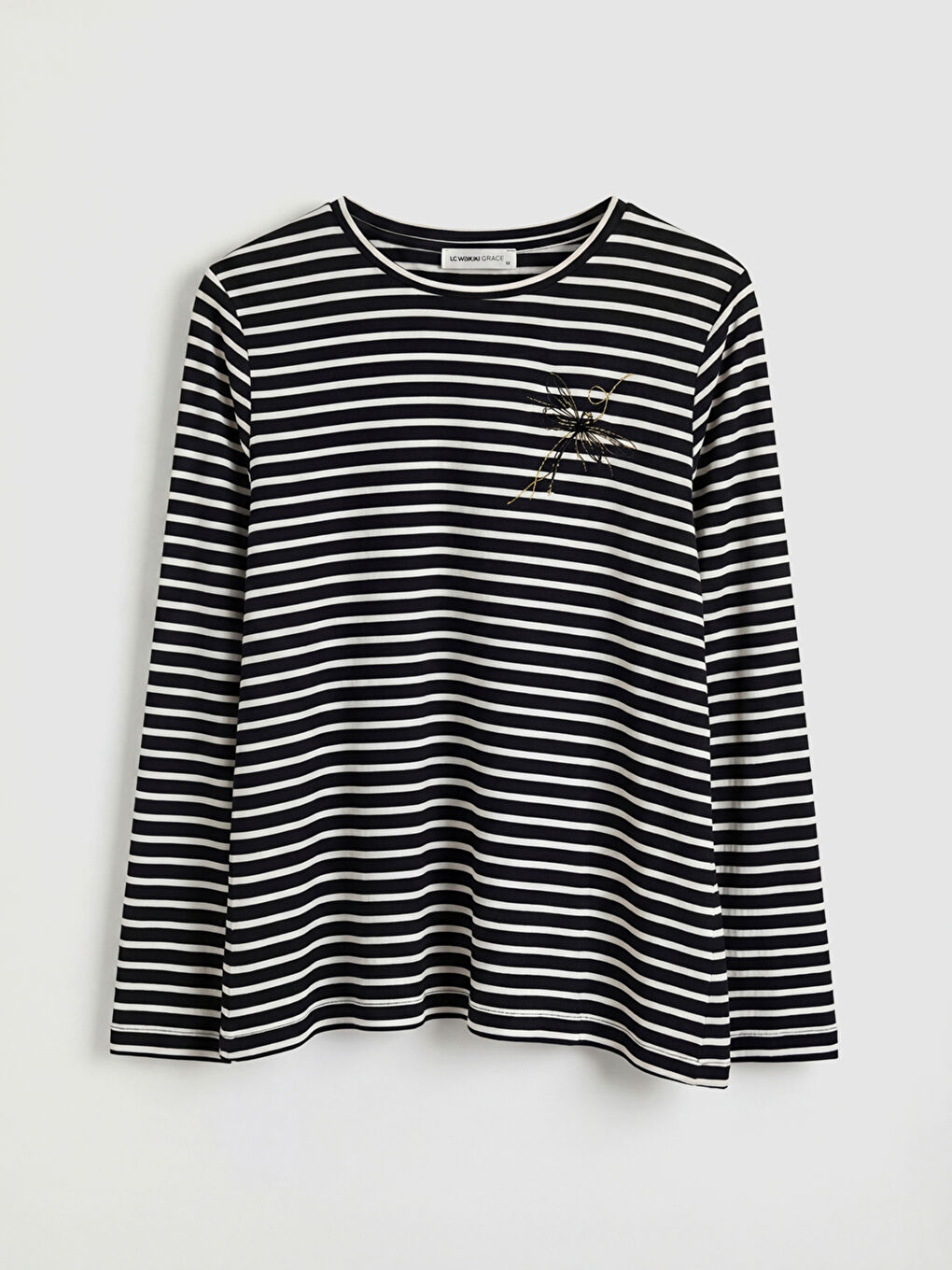 Siyah Bisiklet Yaka Çizgili Kadın Tişört-4