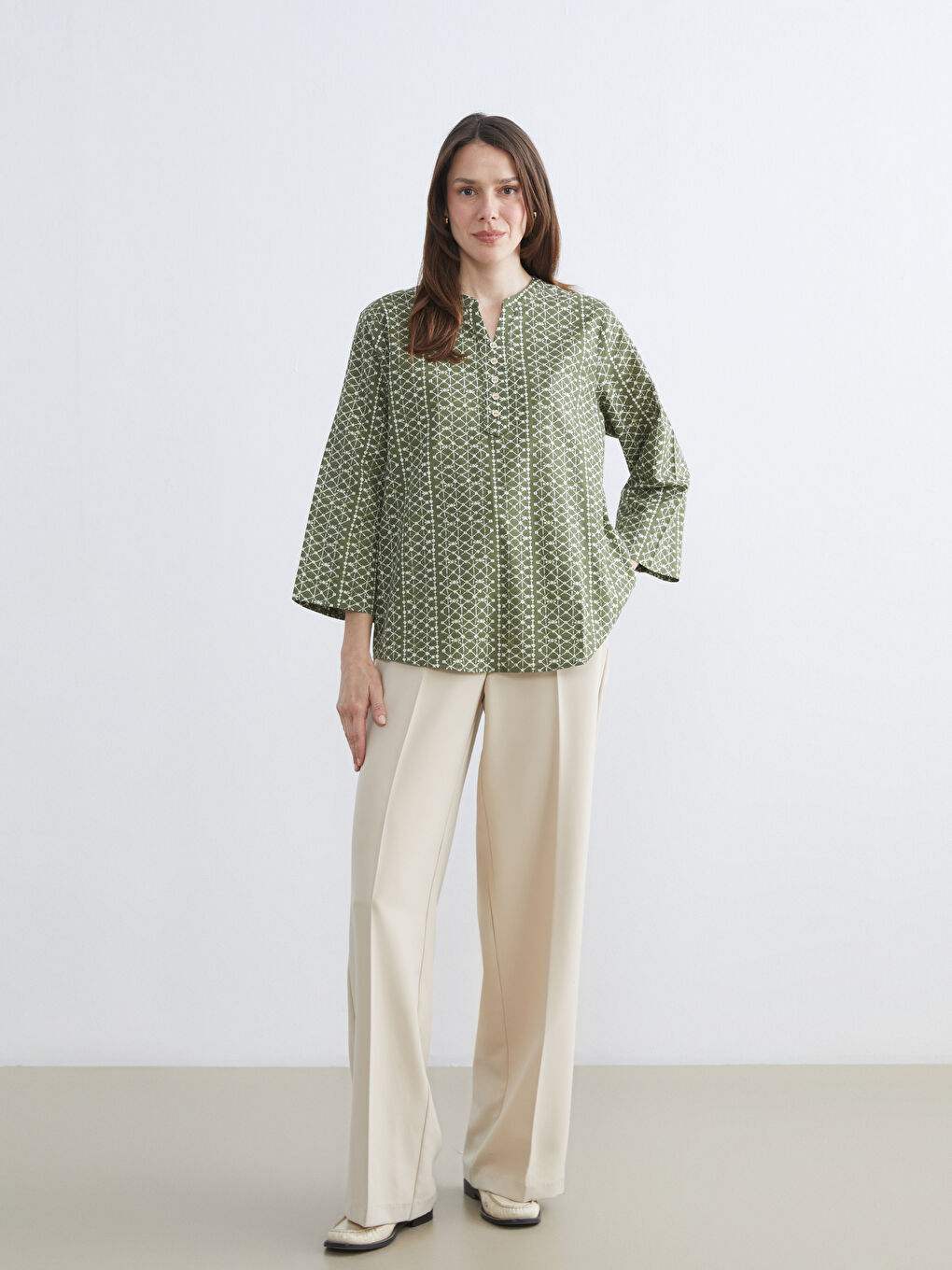 Блузка с вырезом с выемкой и узором, с эффектом льна-1