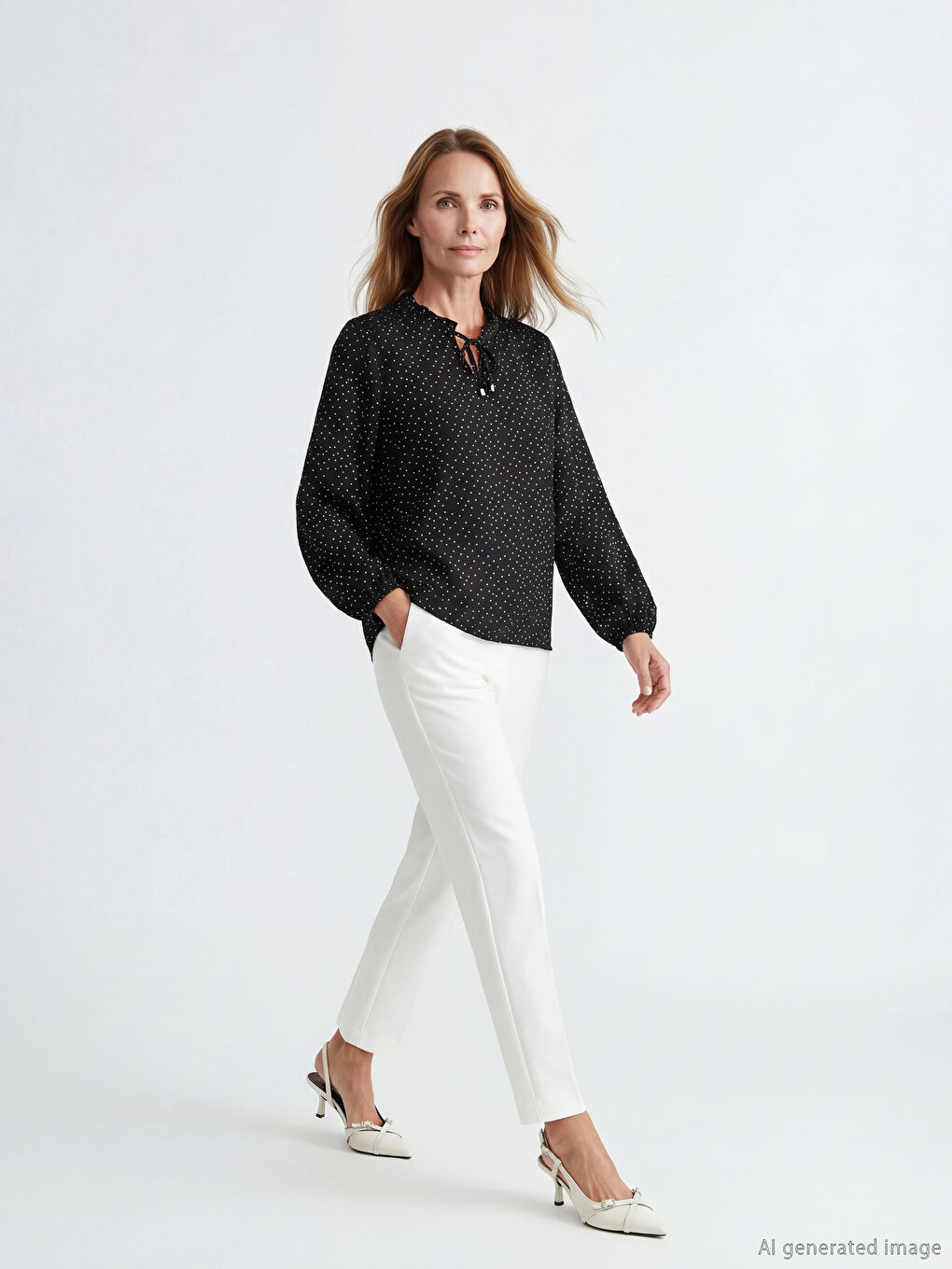 Siyah Bağlamalı Yaka Puantiyeli Bluz-1