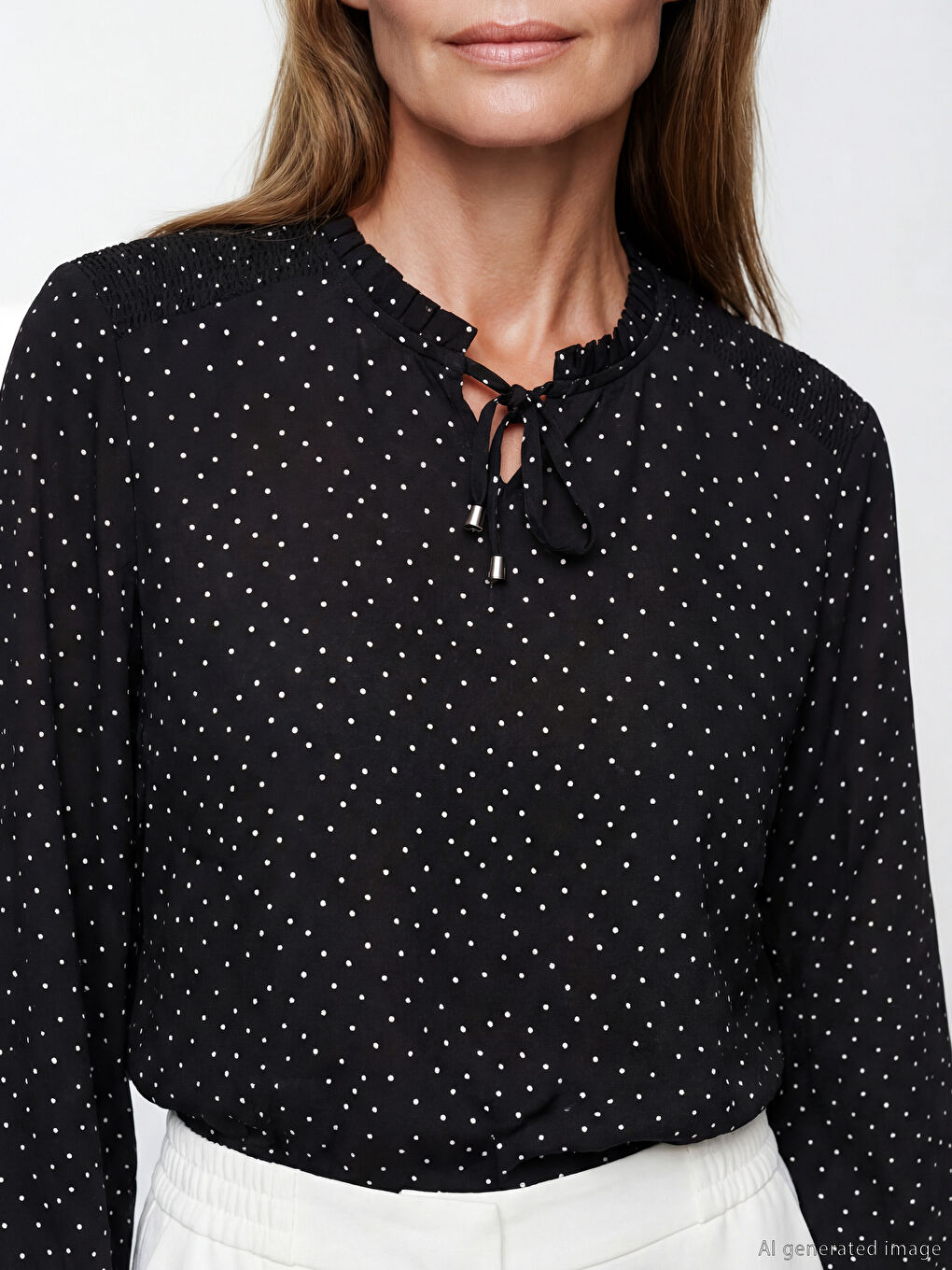 Siyah Bağlamalı Yaka Puantiyeli Bluz-2