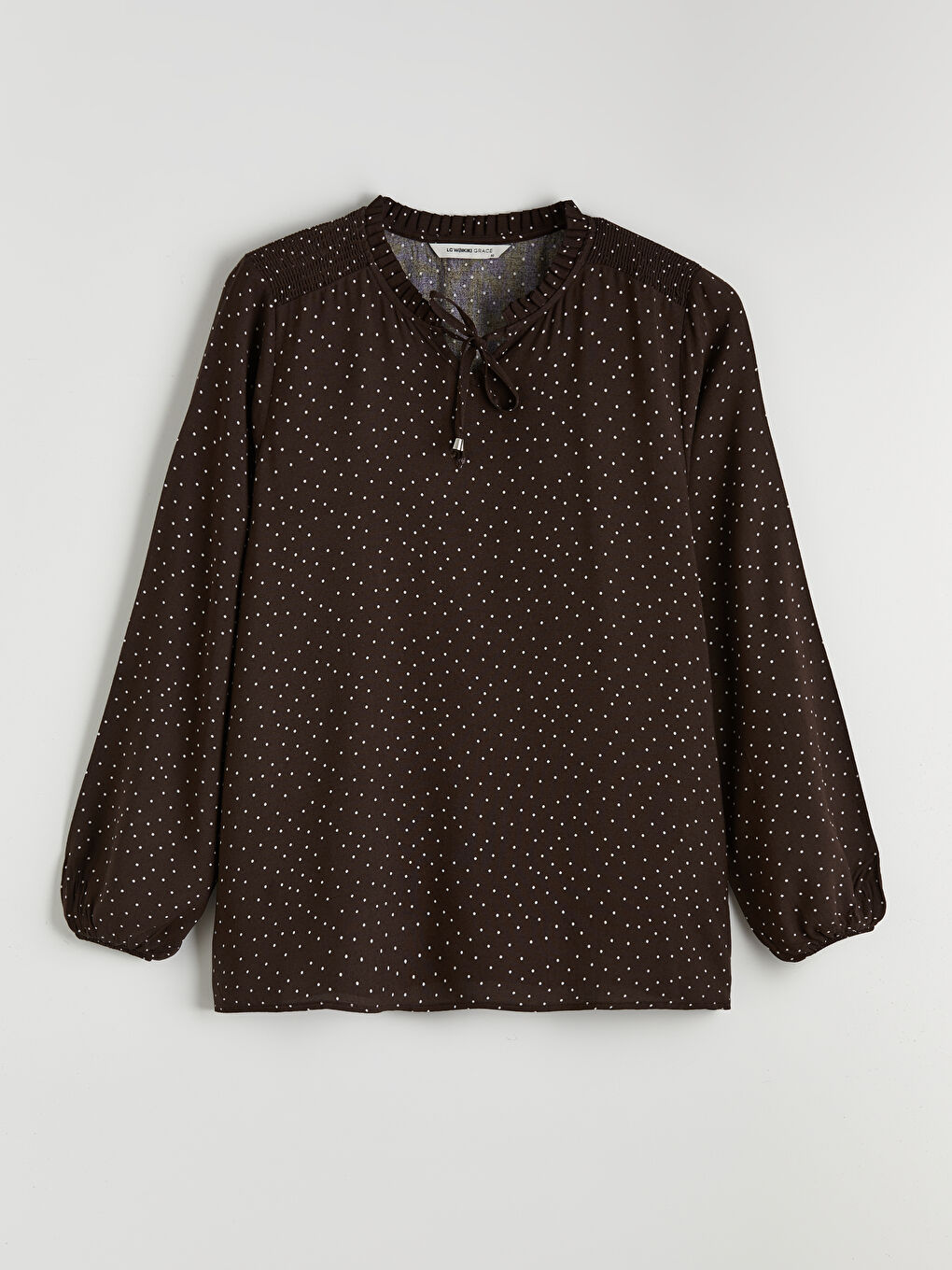 Kahverengi Bağlamalı Yaka Puantiyeli Bluz