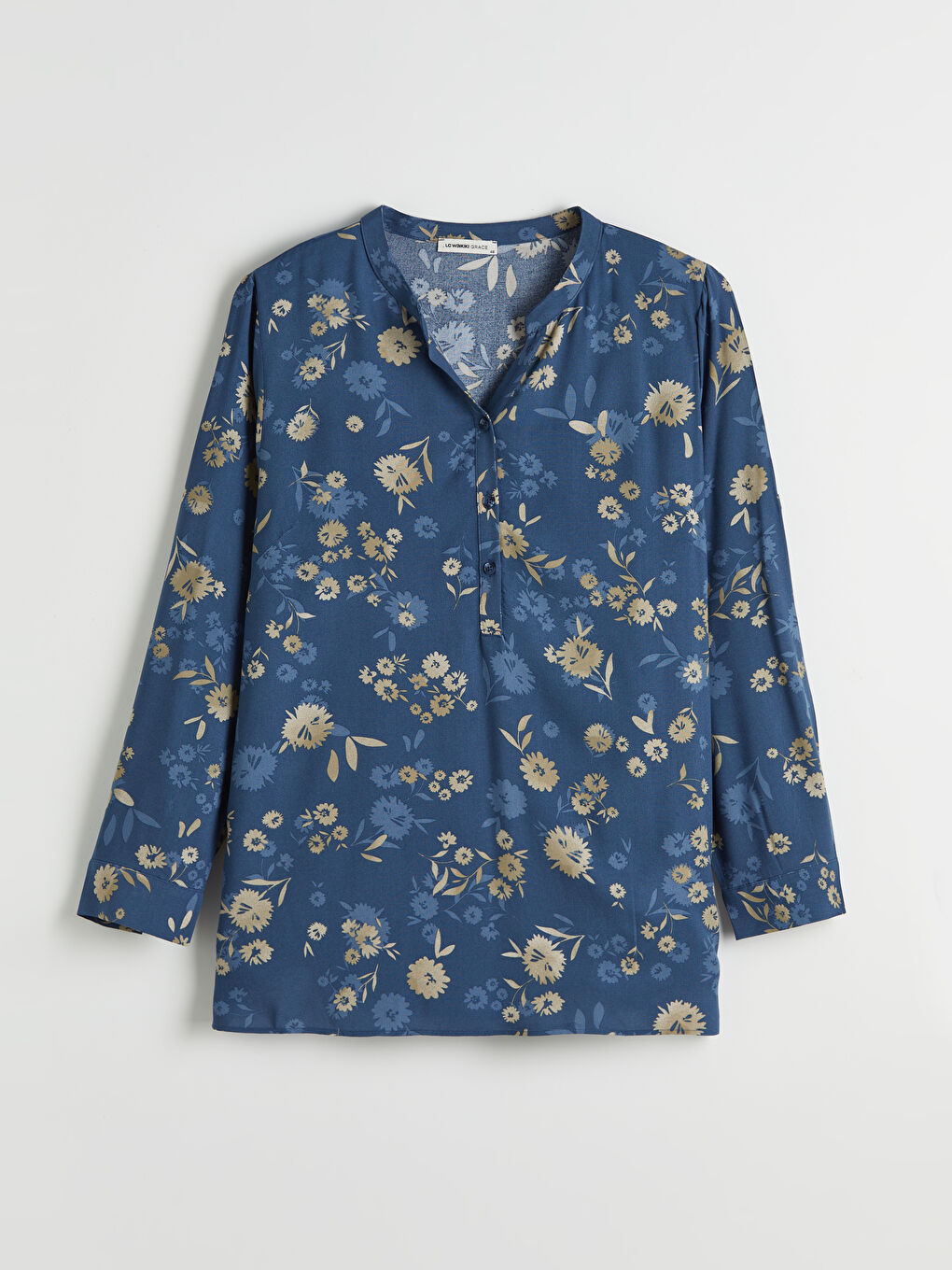 Lacivert Kaçık Yaka Çiçekli Bluz