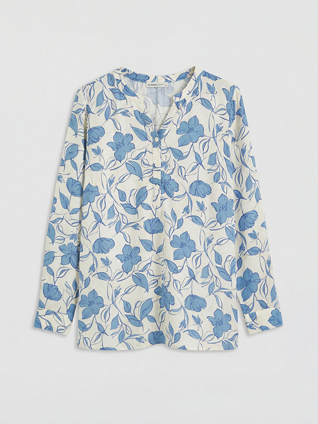 Ekru Kadın Hakim Yaka Uzun Kollu Baskılı Bluz