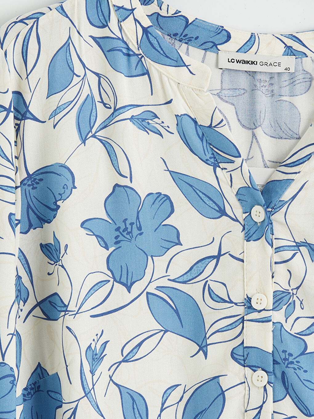 Ekru Kadın Hakim Yaka Uzun Kollu Baskılı Bluz-2