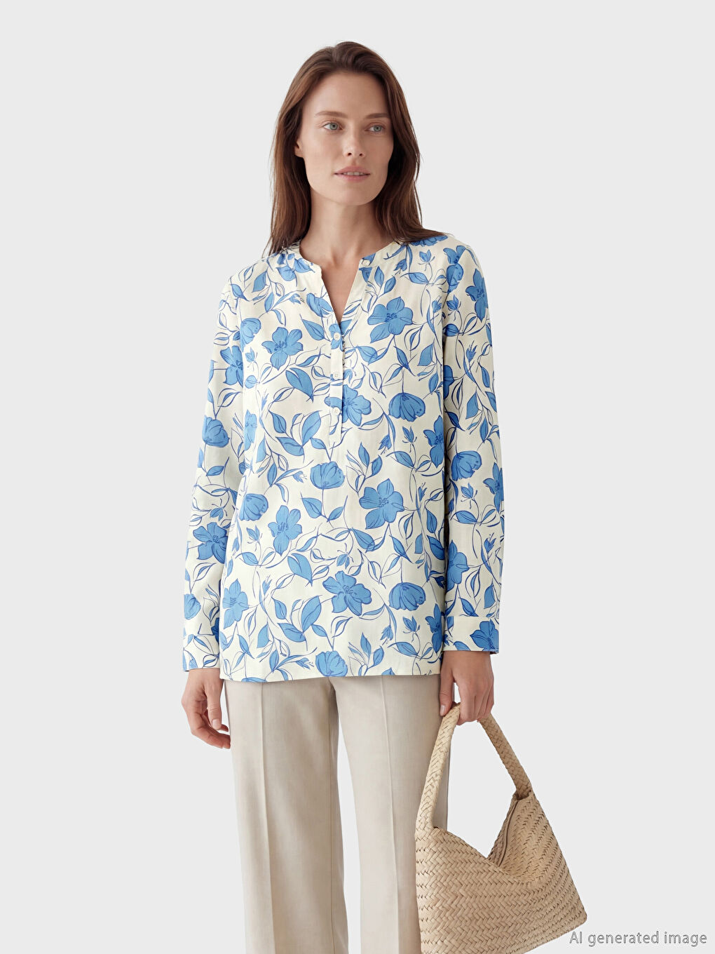 Ekru Kaçık Yaka Çiçekli Bluz