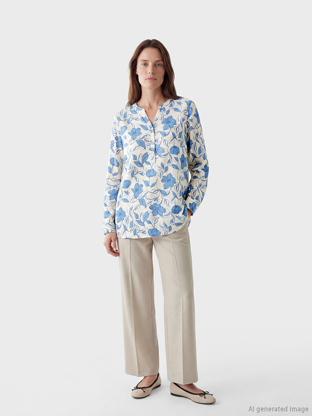 Ekru Kaçık Yaka Çiçekli Bluz-1