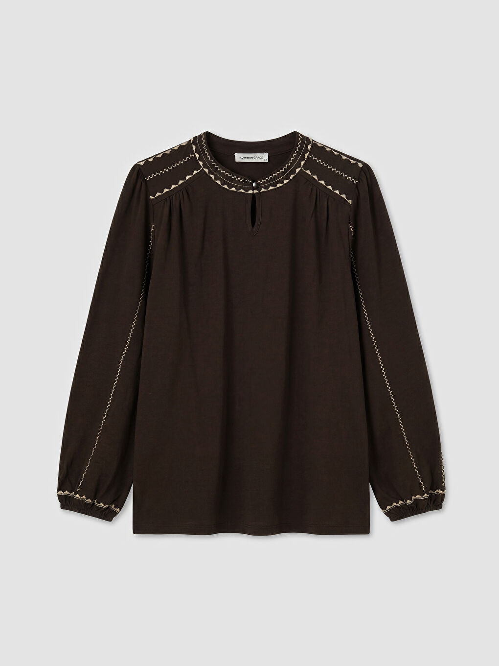 Kahverengi Hakim Yaka Nakışlı Bluz