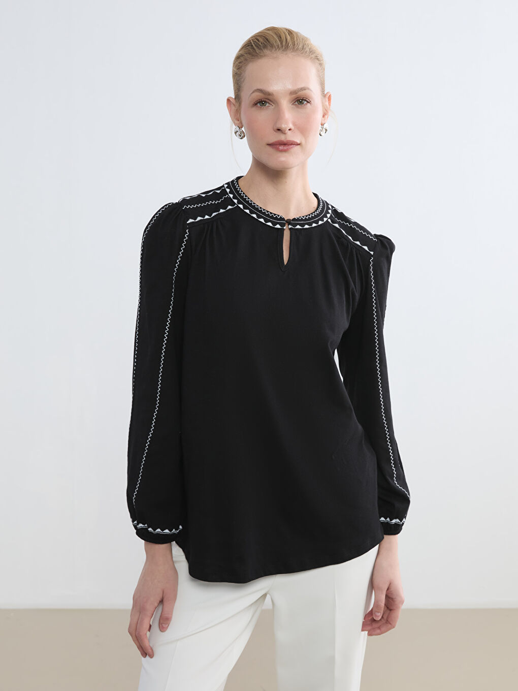 Embroidered Mandarin Collar Blouse