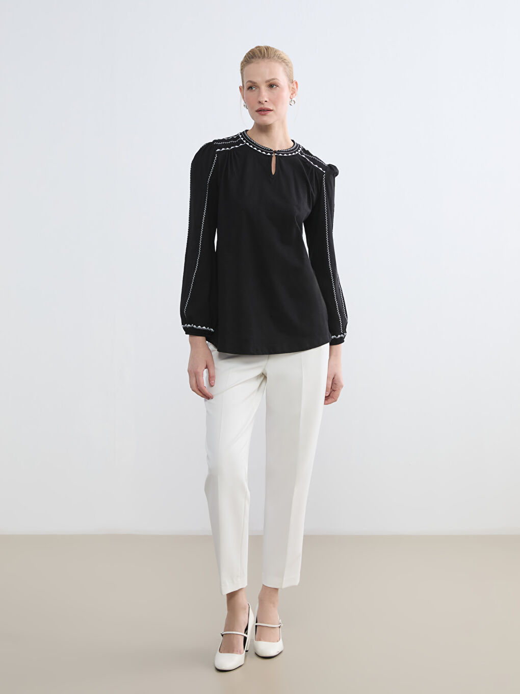 Embroidered Mandarin Collar Blouse-1