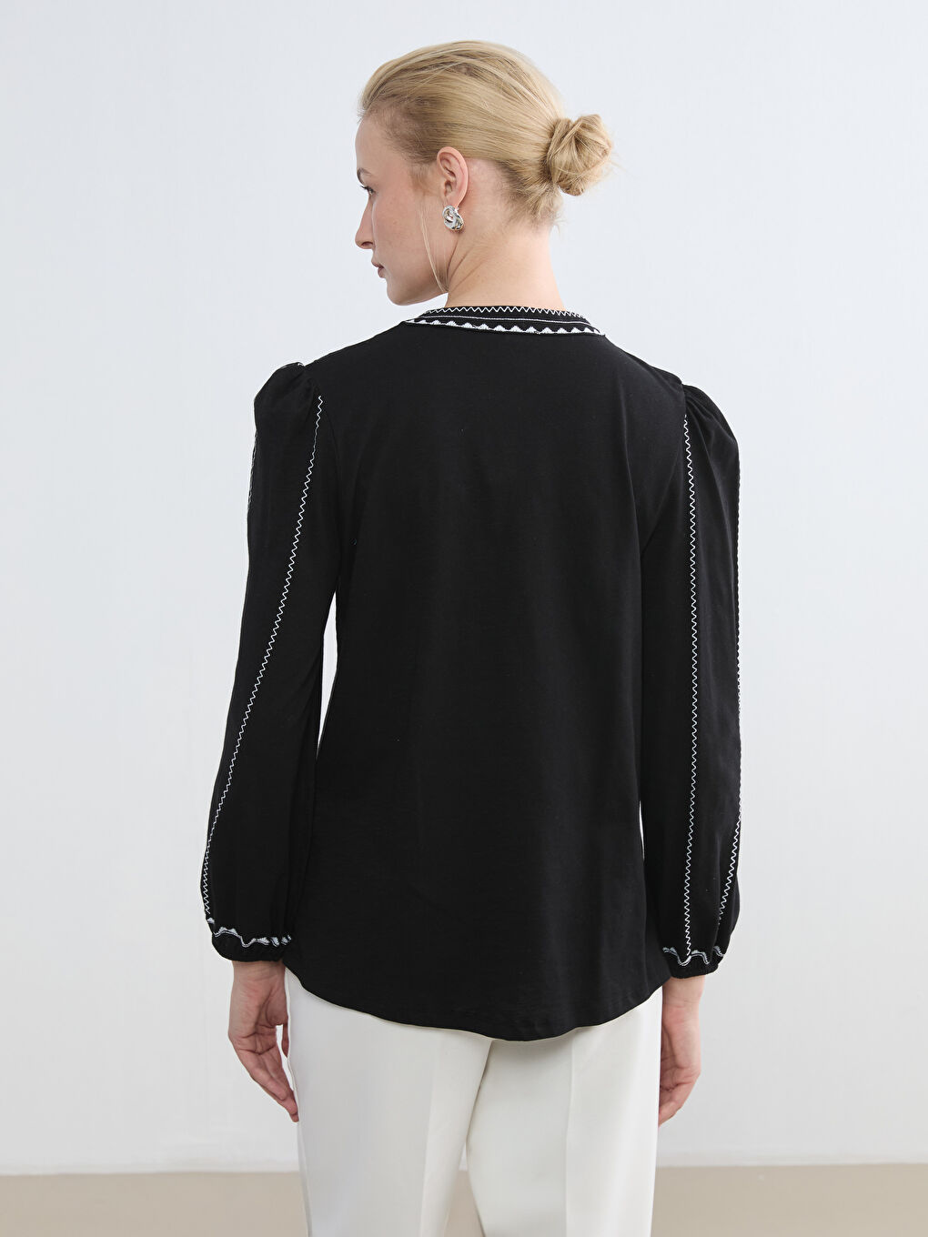 Embroidered Mandarin Collar Blouse-3