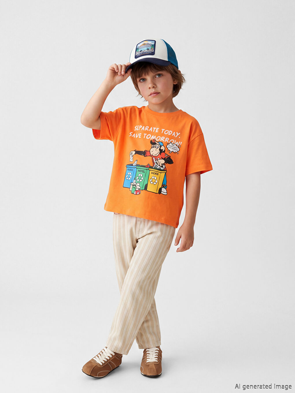 Turuncu Nostaljik Maymun Baskılı Unisex Çocuk Tişört