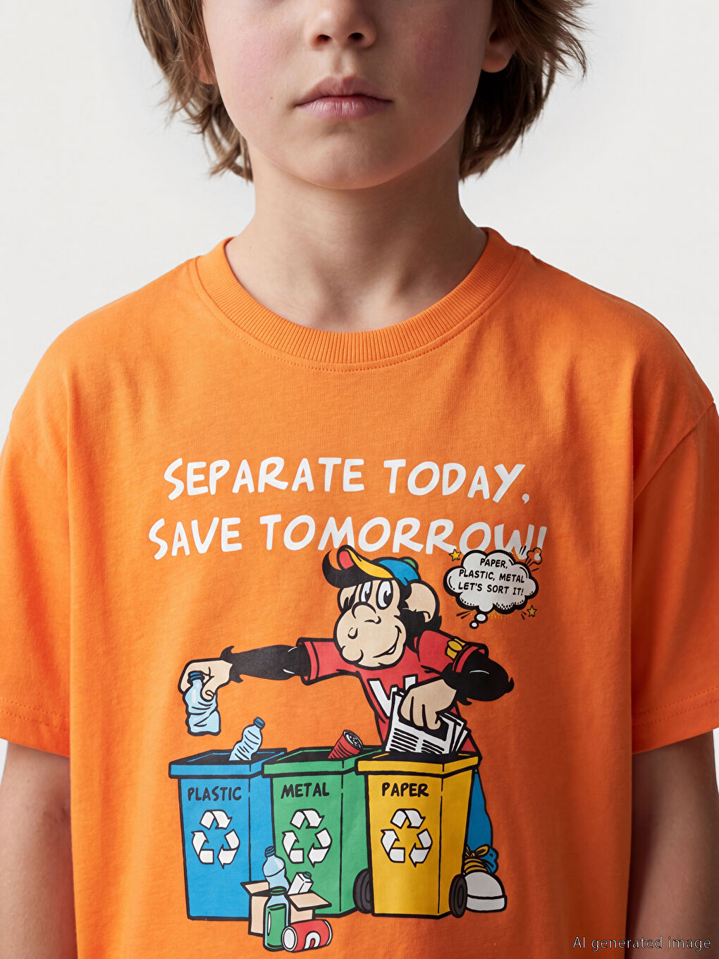 Turuncu Nostaljik Maymun Baskılı Unisex Çocuk Tişört-2