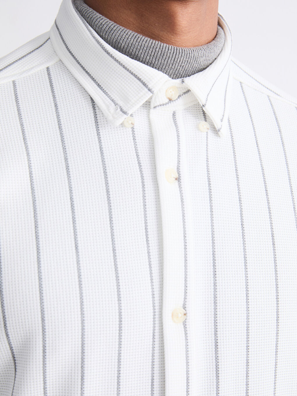 Ekru Slim Fit Çizgili Erkek Gömlek-2