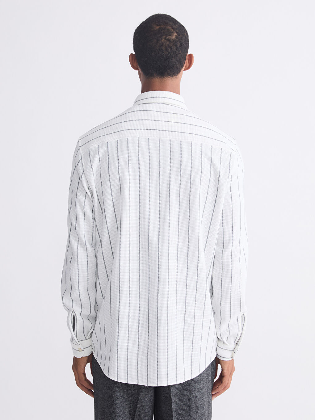 Ekru Slim Fit Çizgili Erkek Gömlek-3