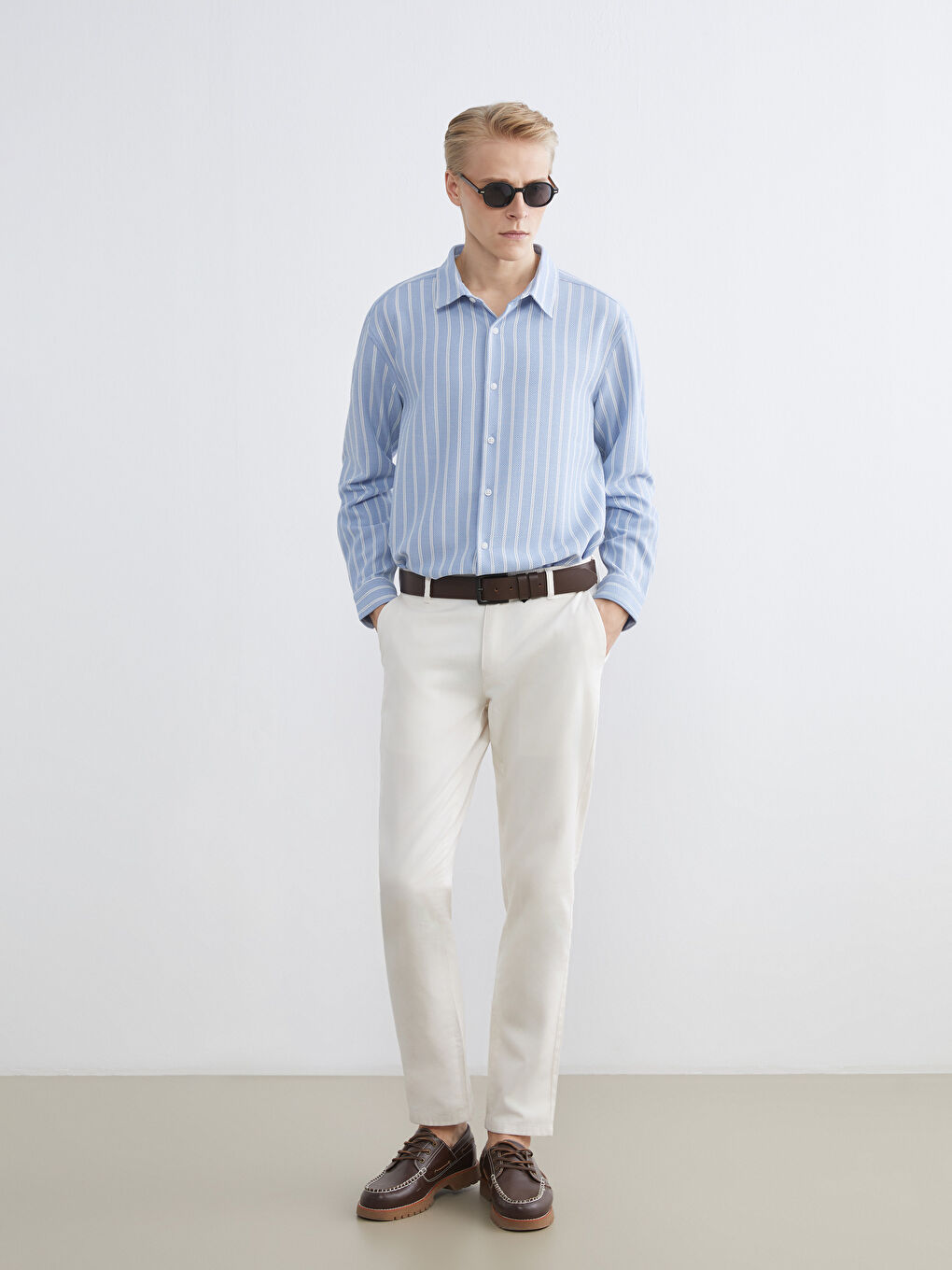 Mavi Regular Fit Çizgili Armürlü Erkek Gömlek-1
