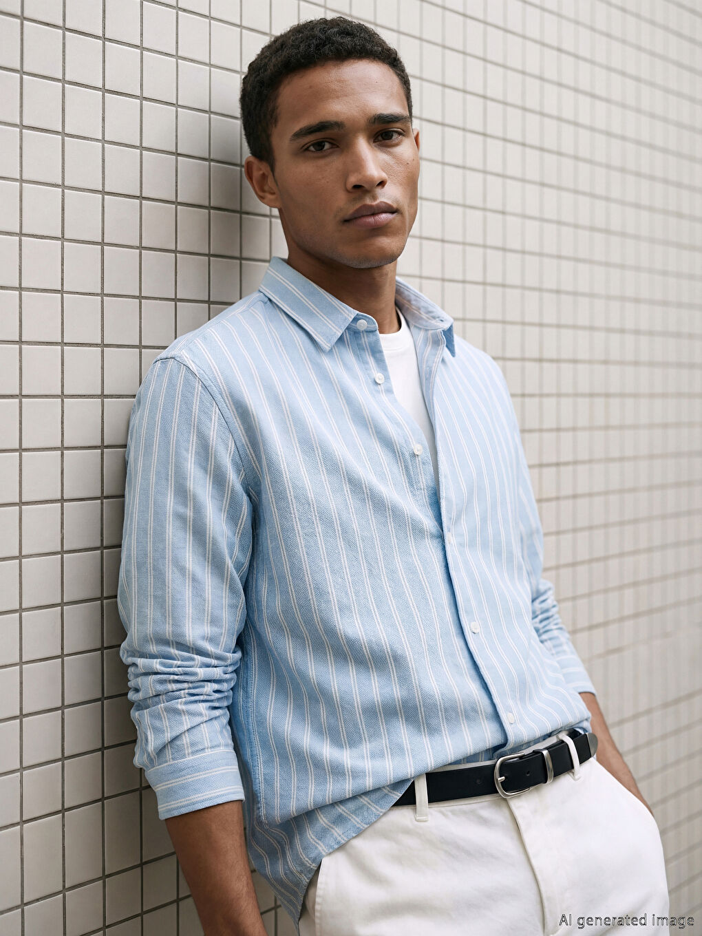 Chemise Rayée en Tissu Dobby à Coupe Régulière