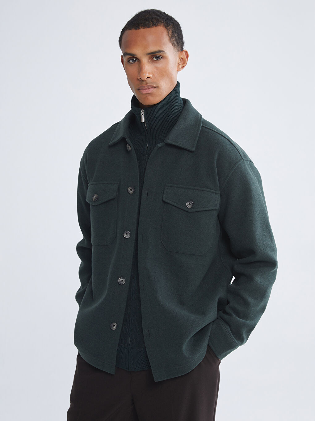 Yeşil Rahat Kalıp Erkek Kaşe Gömlek Ceket