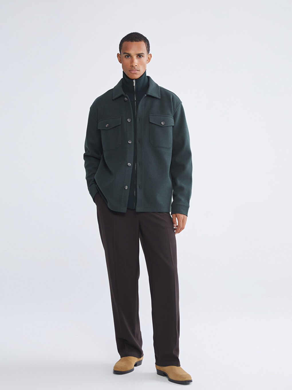 Yeşil Rahat Kalıp Erkek Kaşe Gömlek Ceket-1