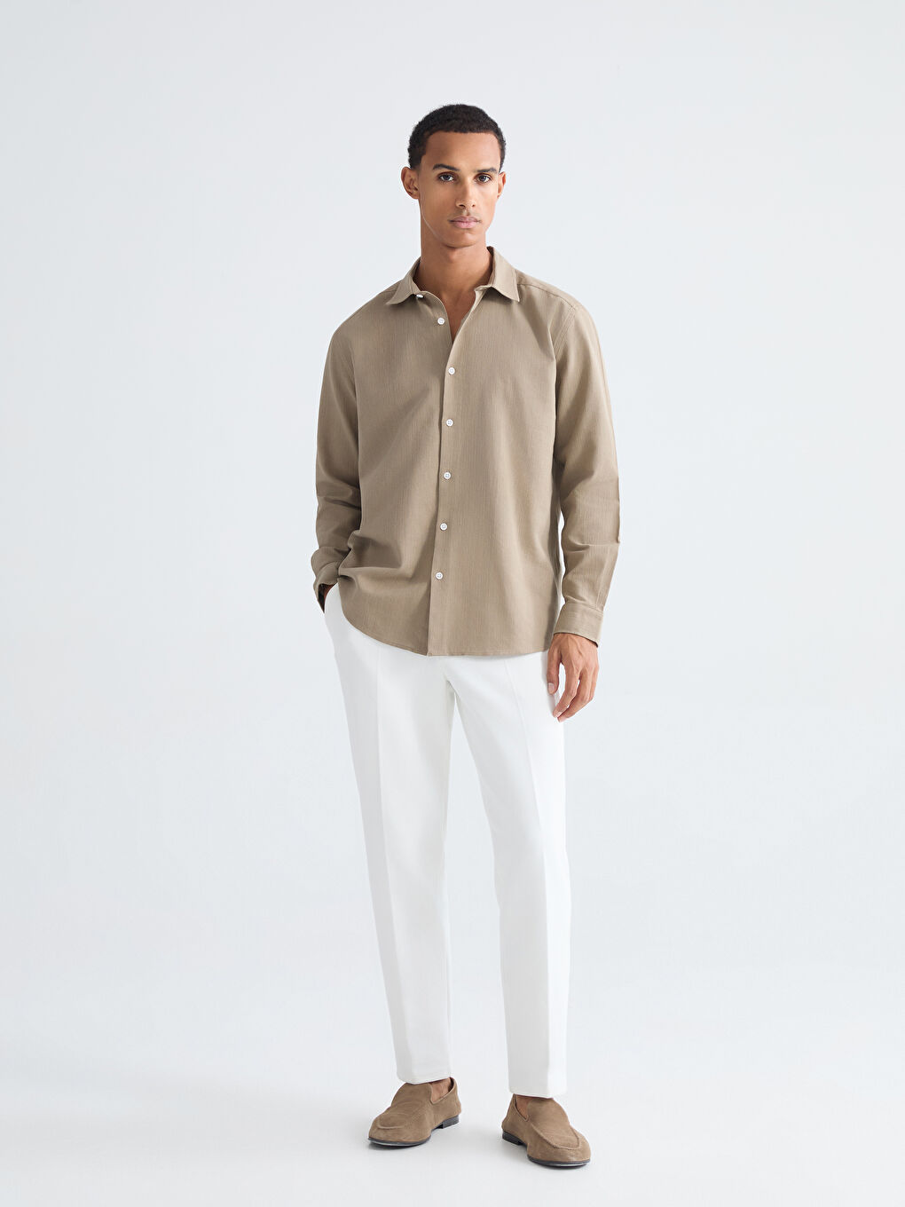 Kahverengi Regular Fit Armürlü Erkek Gömlek-1