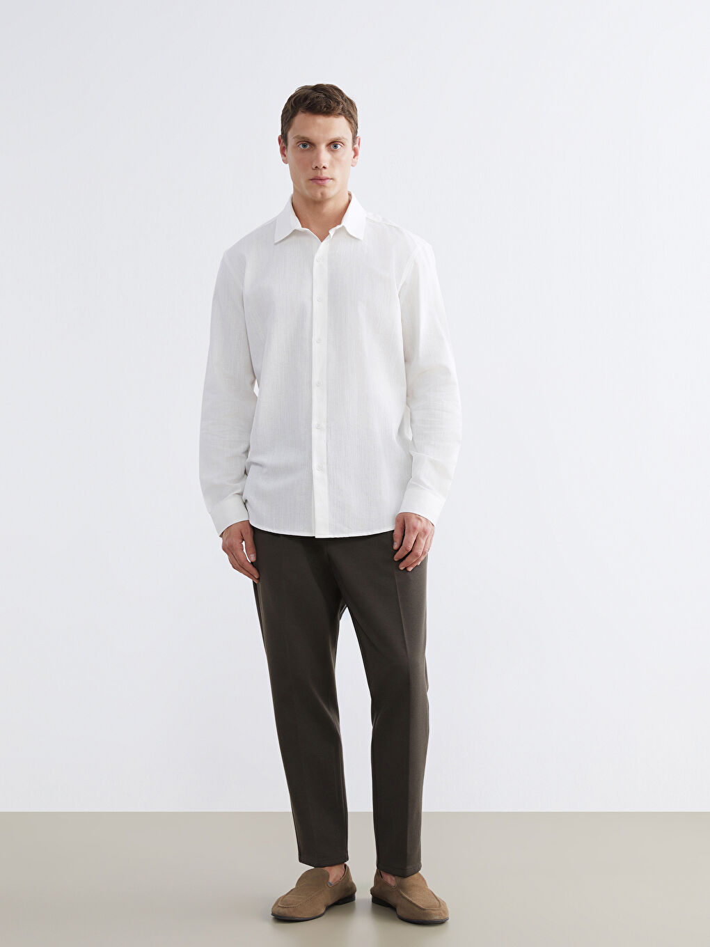 Ekru Regular Fit Armürlü Erkek Gömlek-1