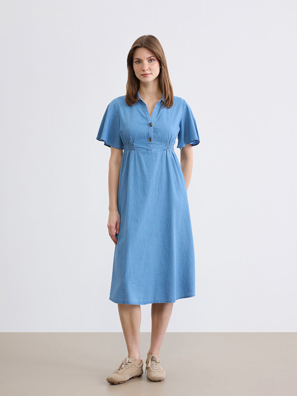 Collared Ruched Denim Dress-1