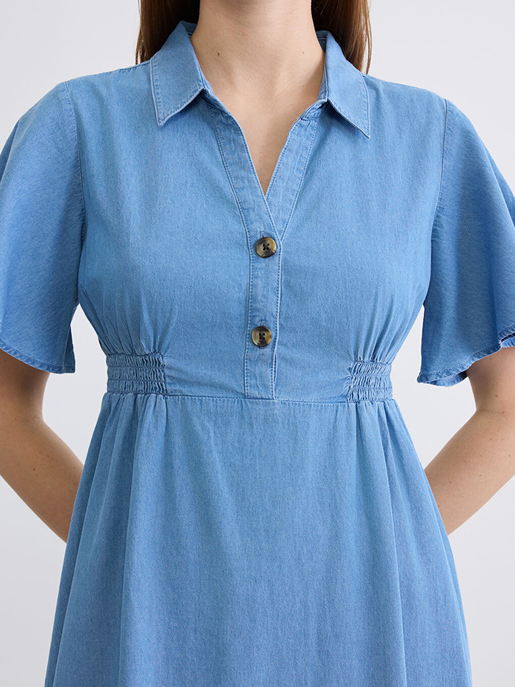 Collared Ruched Denim Dress-2