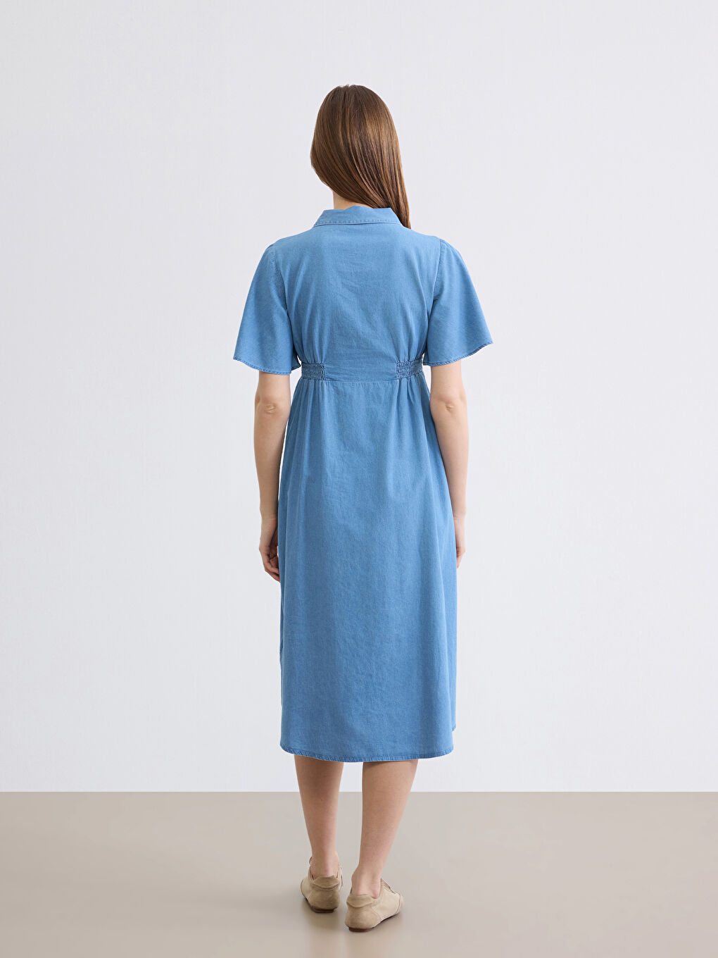 Collared Ruched Denim Dress-3