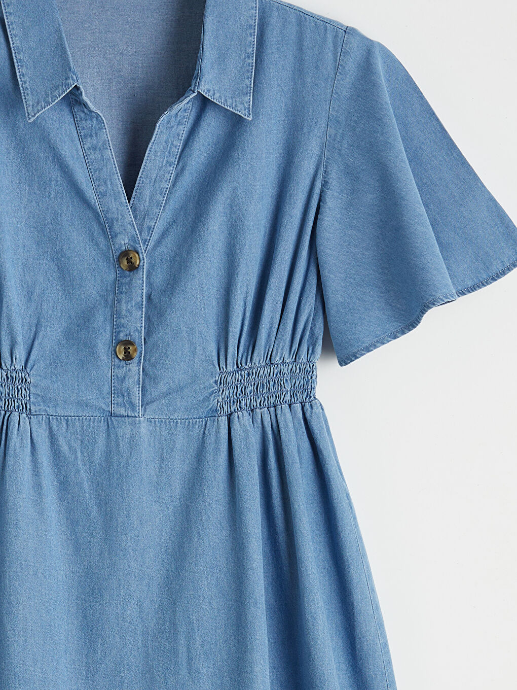 Collared Ruched Denim Dress-6