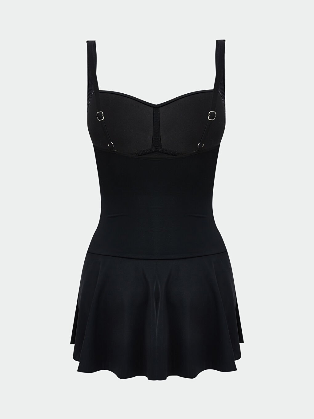 Siyah Kalp Yaka Büzgü Detaylı Kadın Etekli Mayo-1