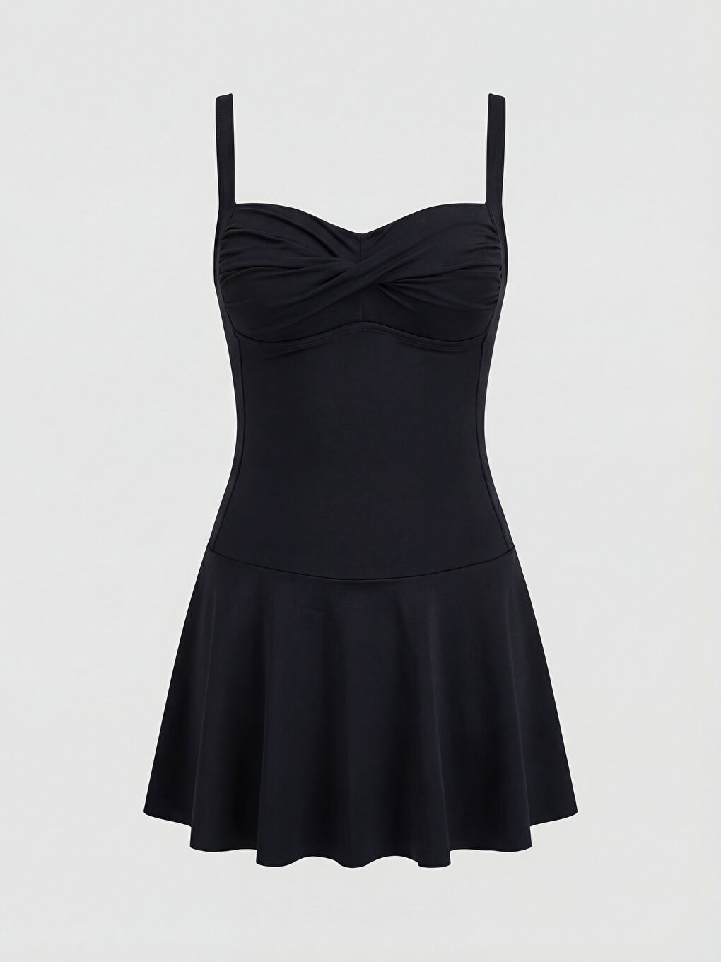 Siyah Kalp Yaka Büzgü Detaylı Kadın Etekli Mayo