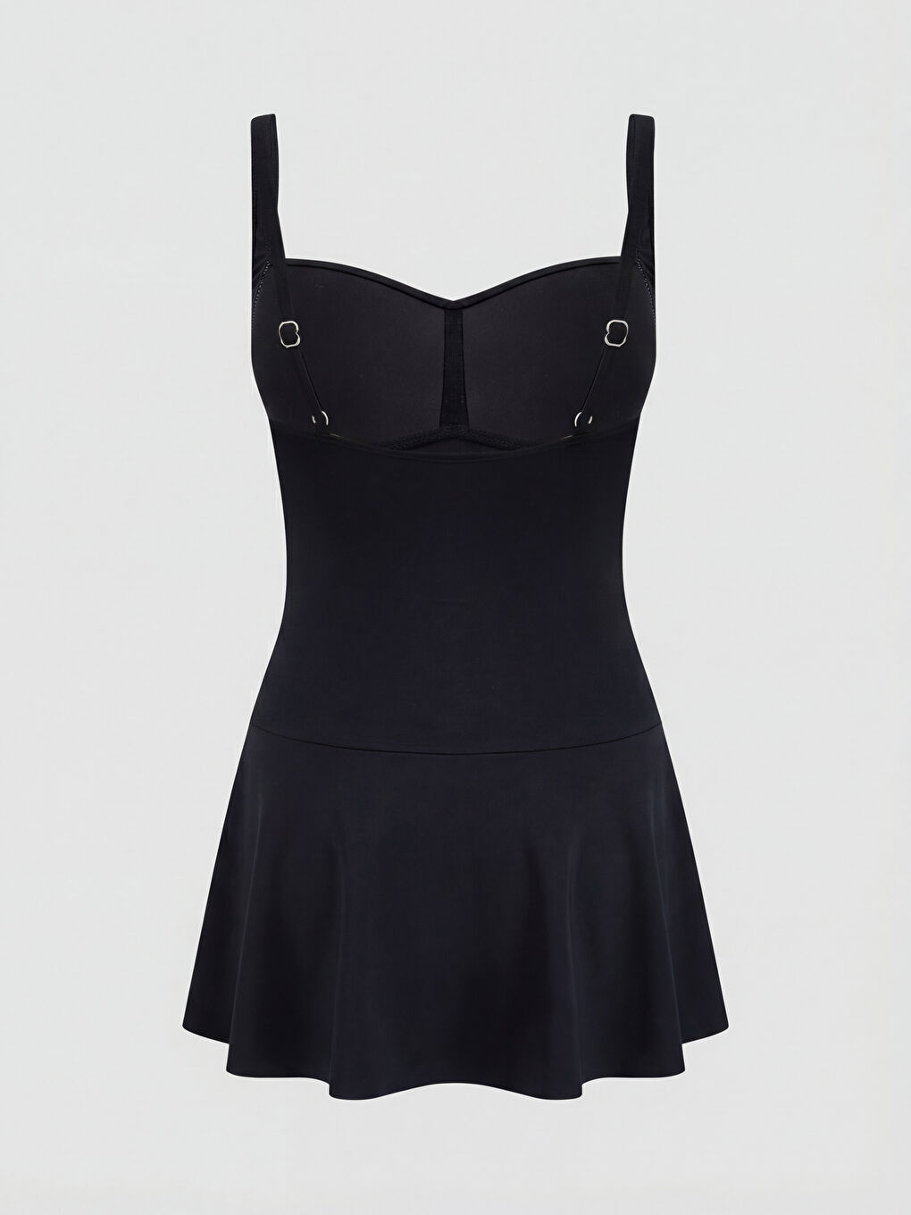 Siyah Kalp Yaka Büzgü Detaylı Kadın Etekli Mayo-1