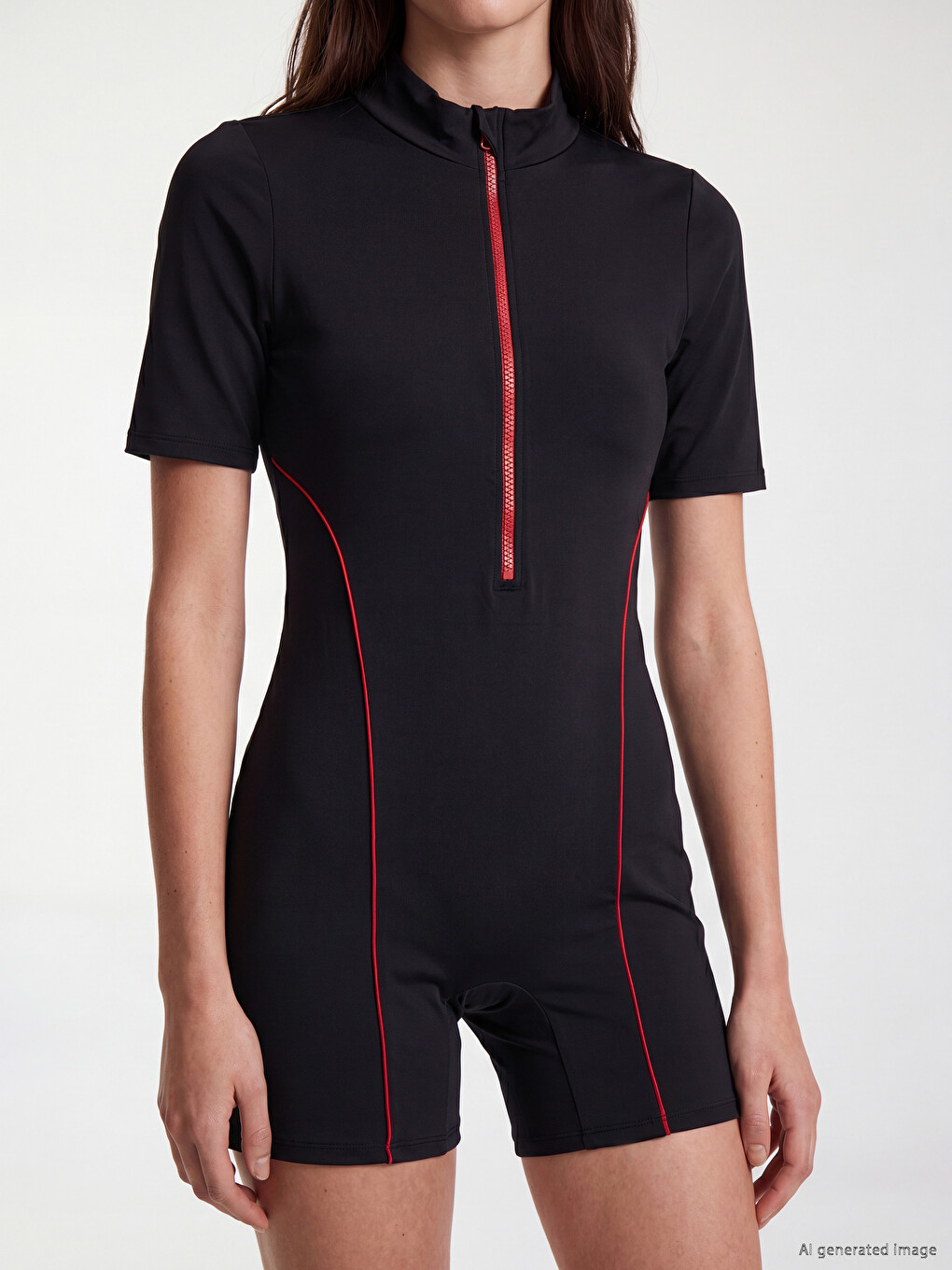 Zippered Mock Neck Short Sleeve Women's Swimsuit-2