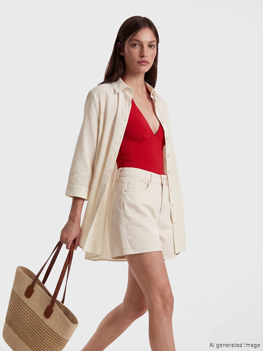 Ekru Gömlek Yaka Poplin Plaj Elbisesi