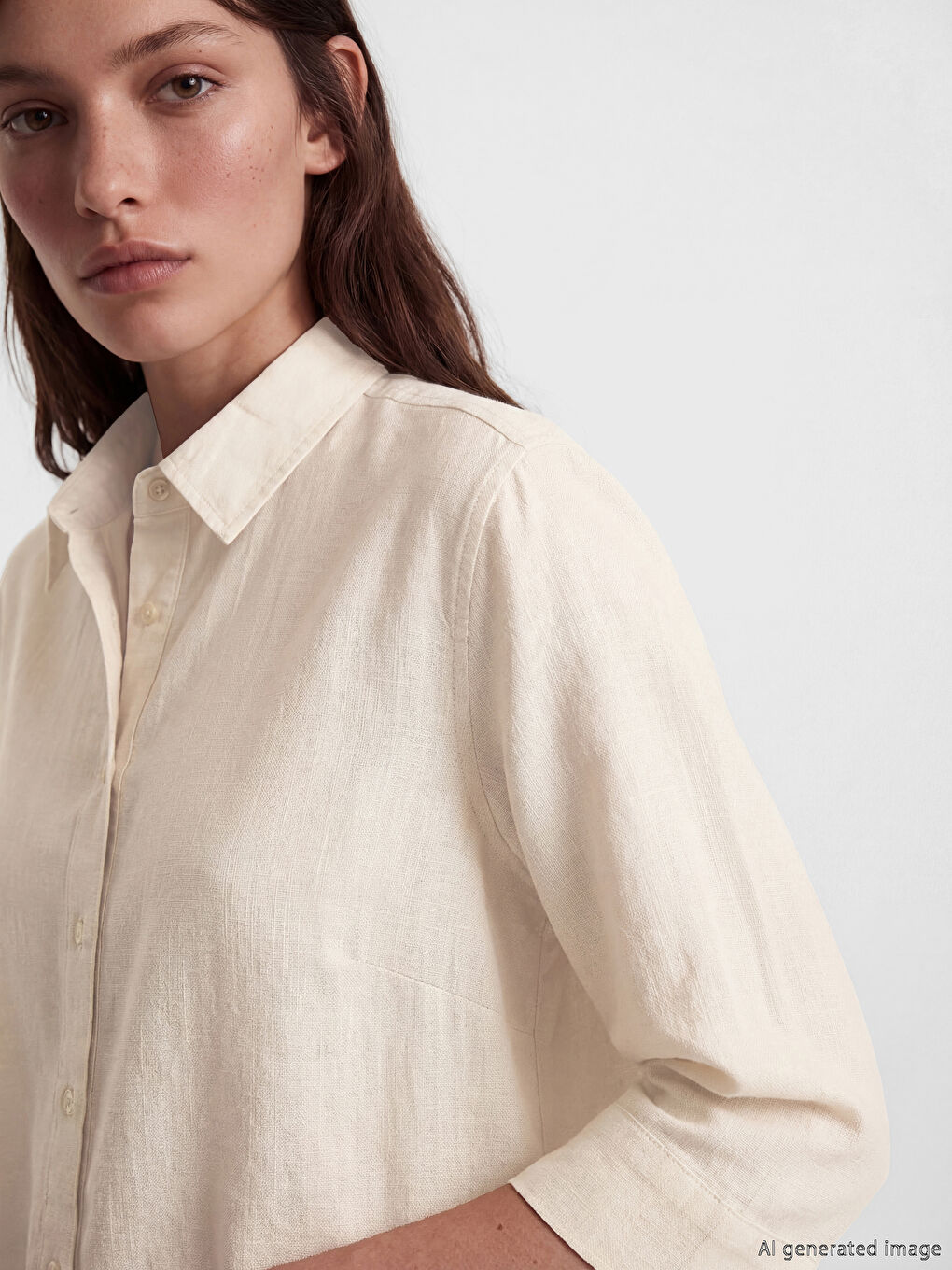 Ekru Gömlek Yaka Poplin Plaj Elbisesi-2