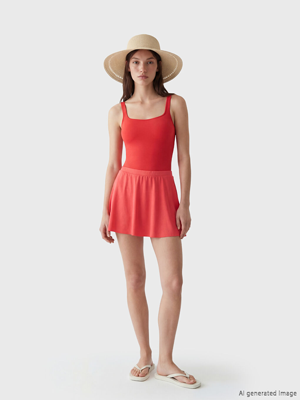 Kırmızı Beli Lastikli Kadın Yüzme Şort Etek-1