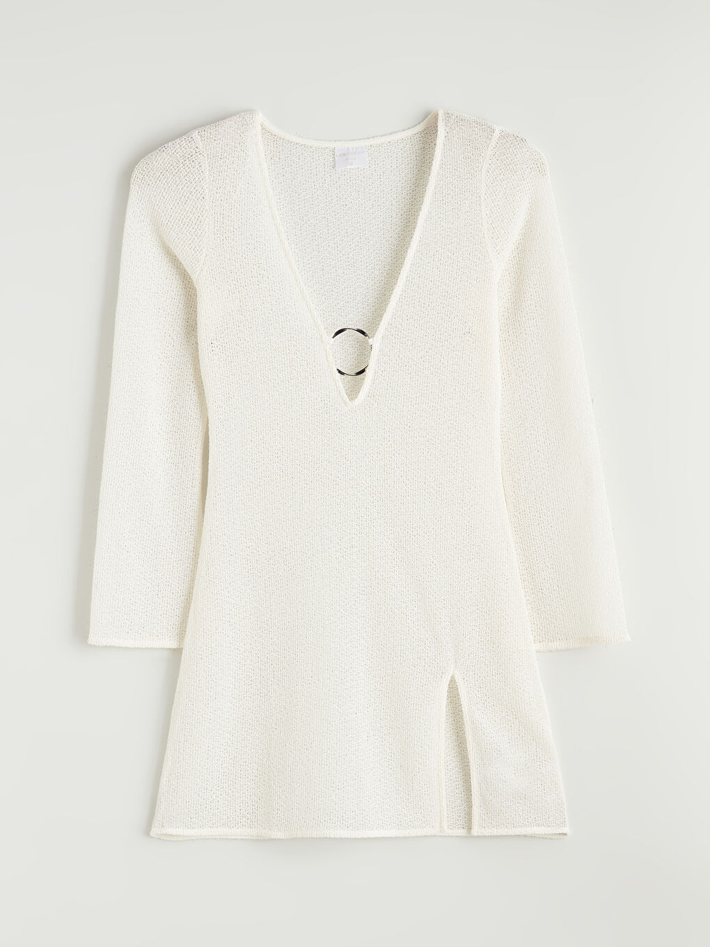 Ekru V Yaka Halka Detaylı Kadın Plaj Elbisesi	