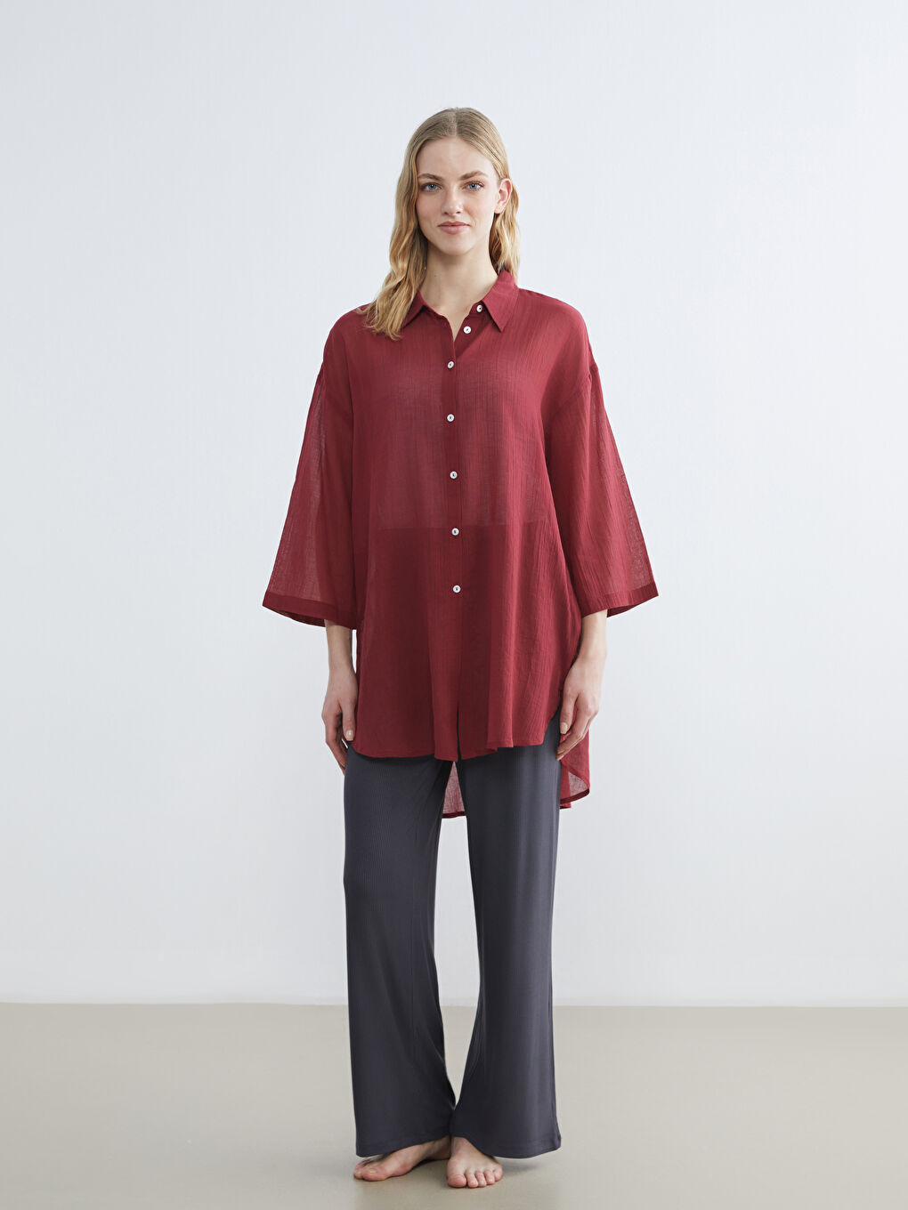 Bordo Gömlek Yaka Kadın Plaj Elbisesi-1